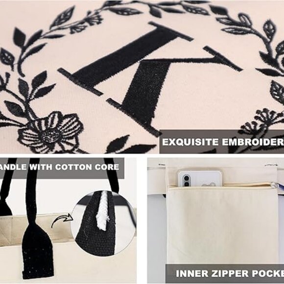 Monogram Initial Canvas Bag with Inner Zipper Pocket Embroidery Personalized Bag - Picture 5 of 5